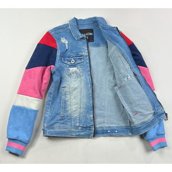 Makobi Mens Small Full Zip Denim Jean Jacket Blue Pink White Distressed M1010 - Picture 6 of 11